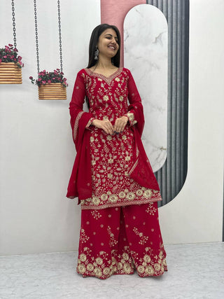 Red color georgette sharara suit with dupatta online