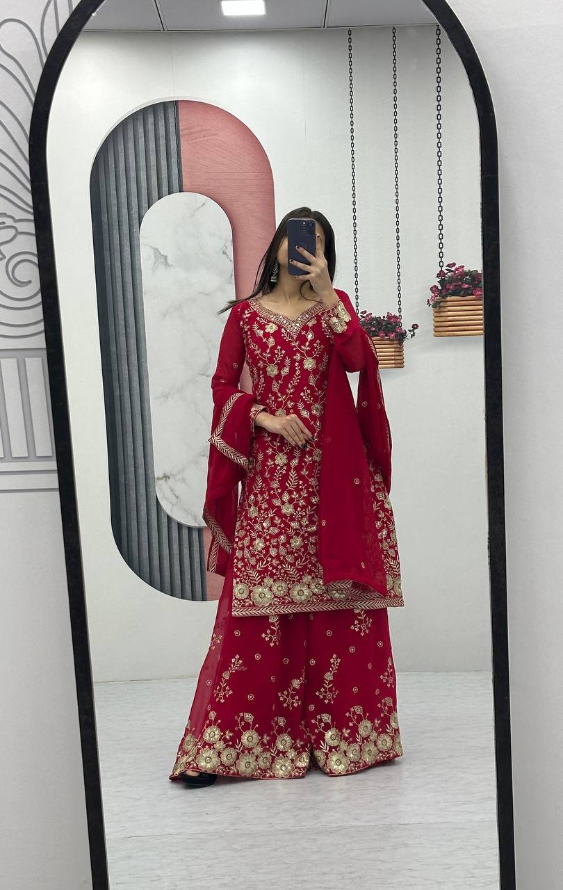 Red color georgette sharara suit with dupatta images