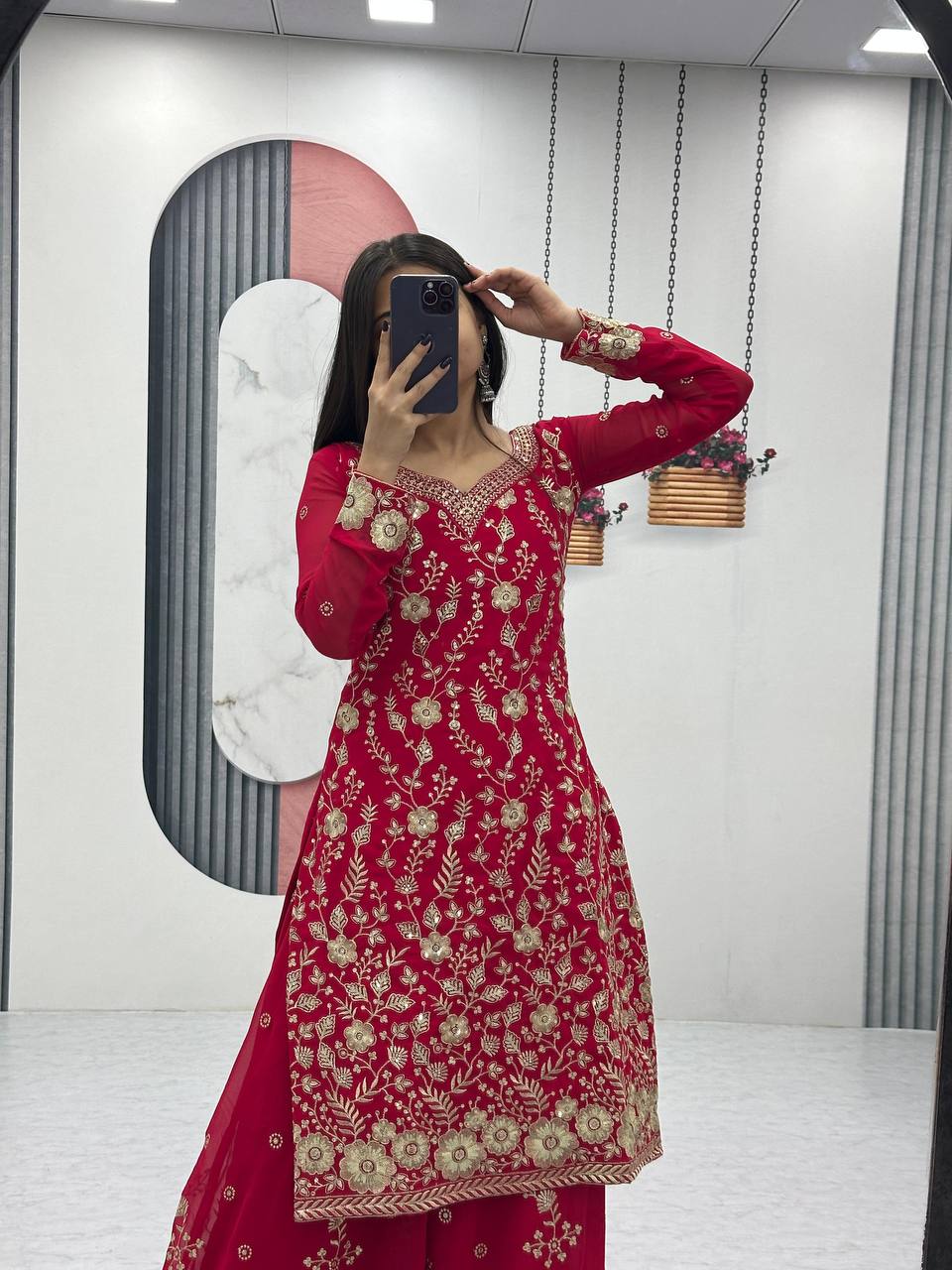 Red color georgette sharara suit with dupatta