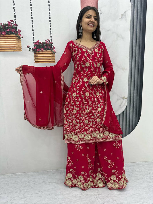 Red color georgette sharara suit with dupatta price