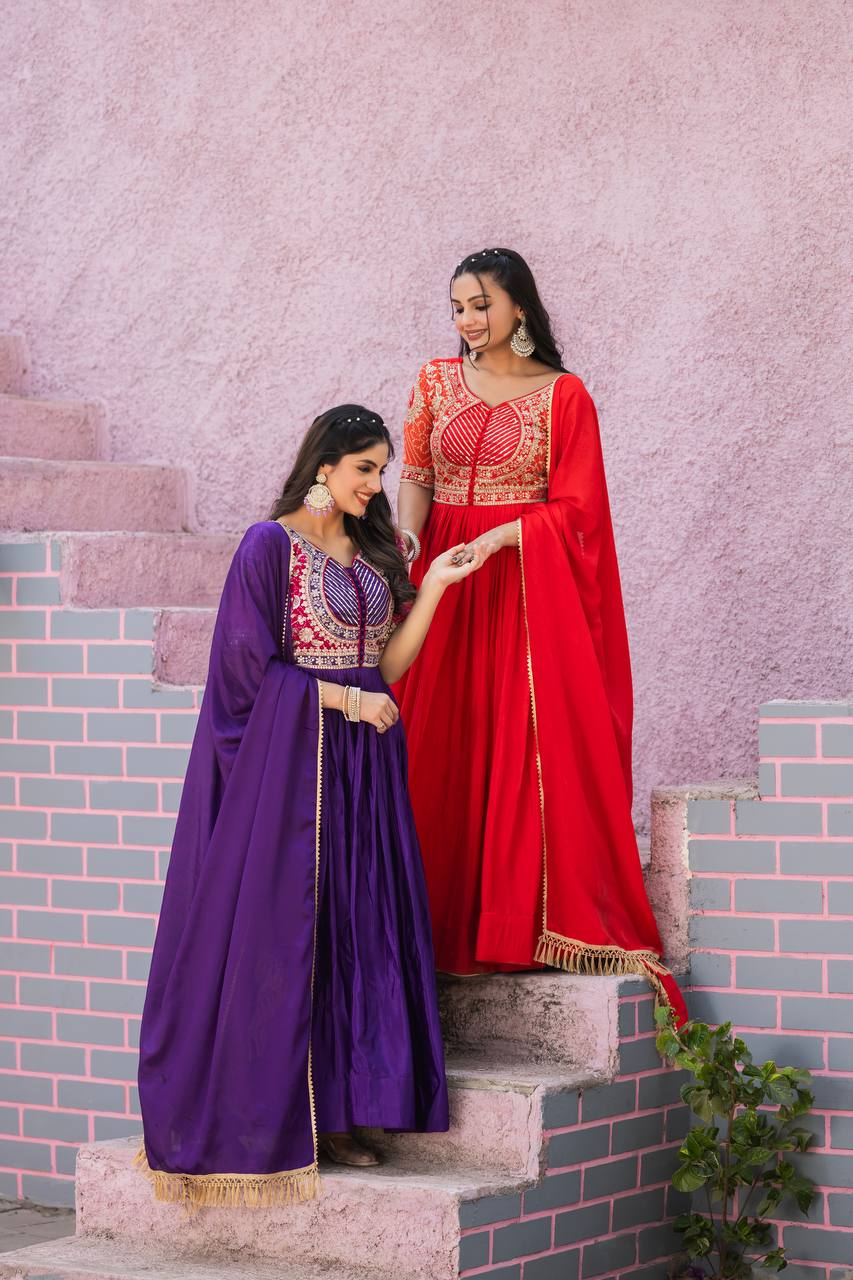 Purple color pure chinon long gown for women