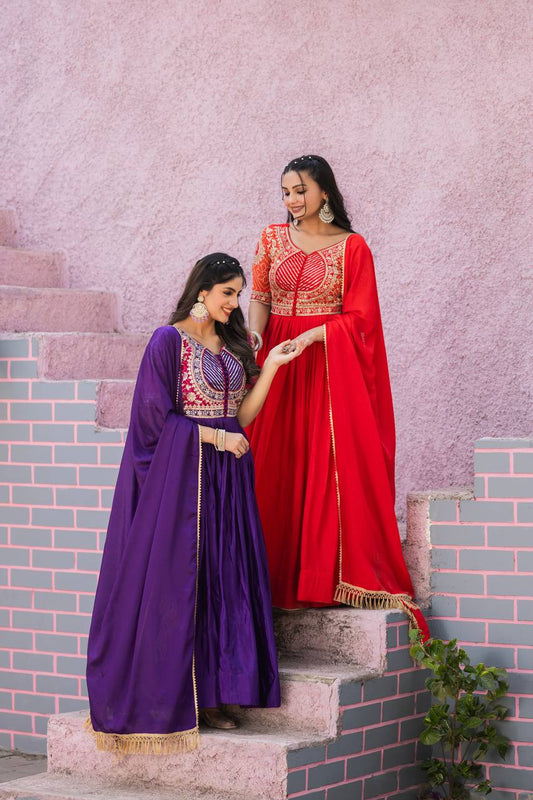 Purple color pure chinon long gown for women