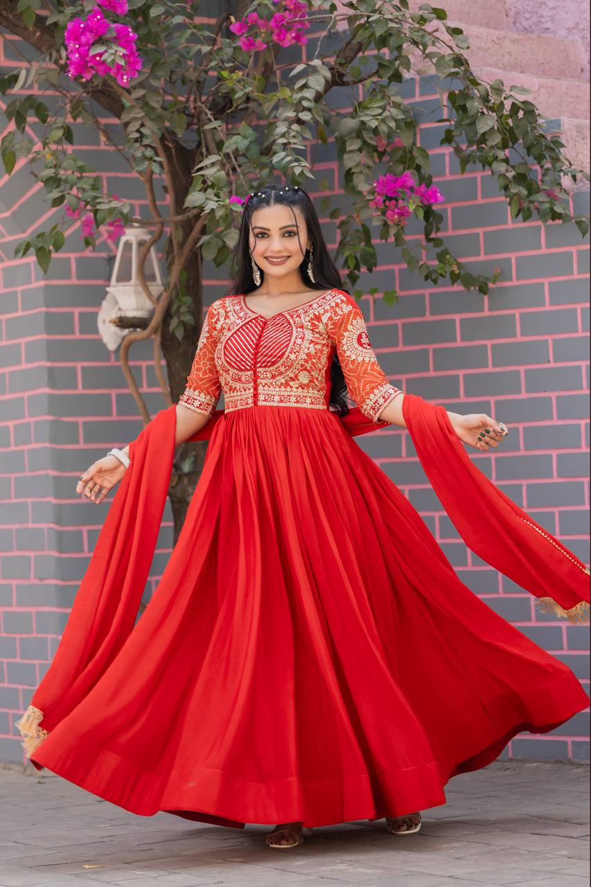 Orange color pure chinon long gown with dupatta price
