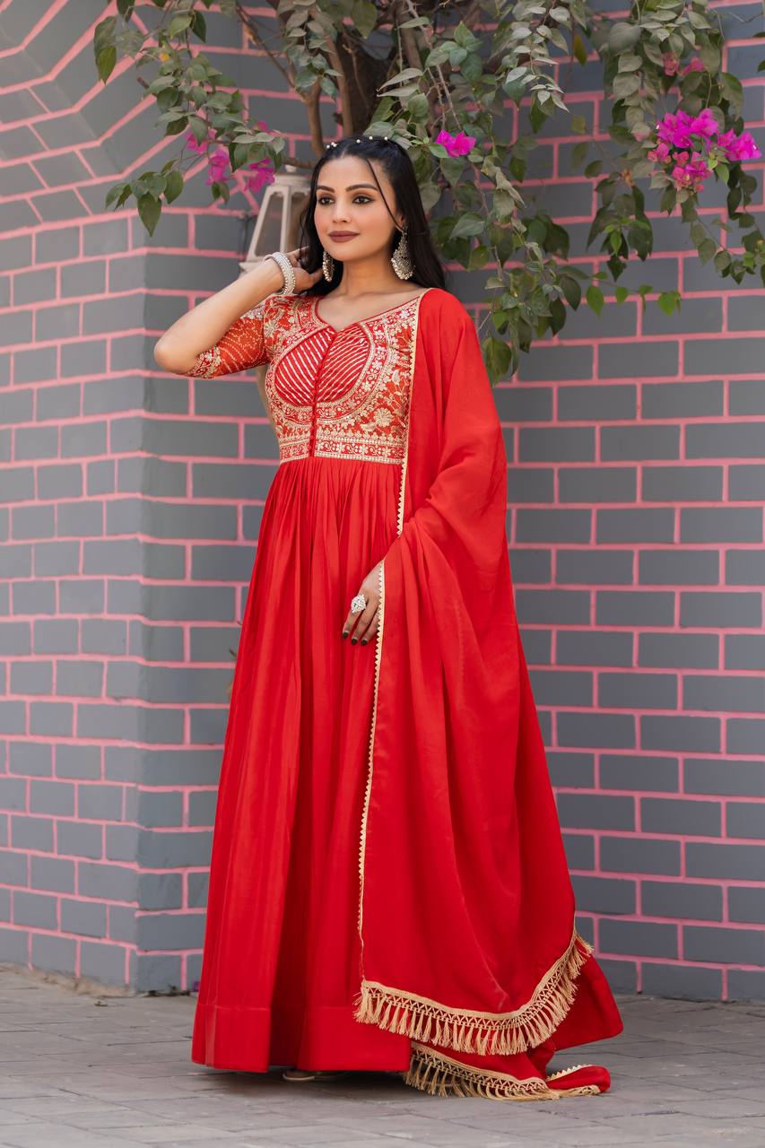 Orange color pure chinon long gown with dupatta images