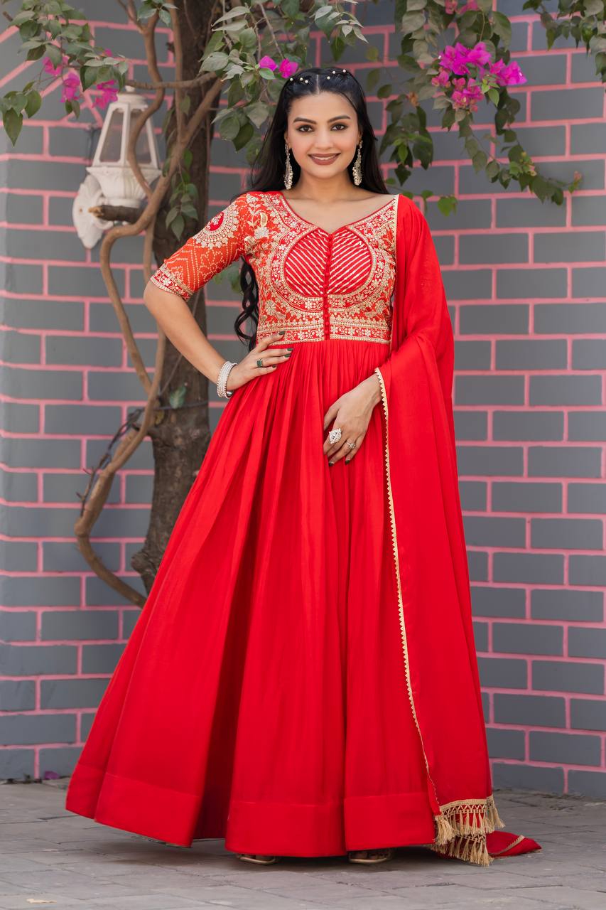 Orange color pure chinon long gown with dupatta Images