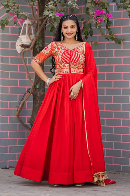 Orange color pure chinon long gown with dupatta Images
