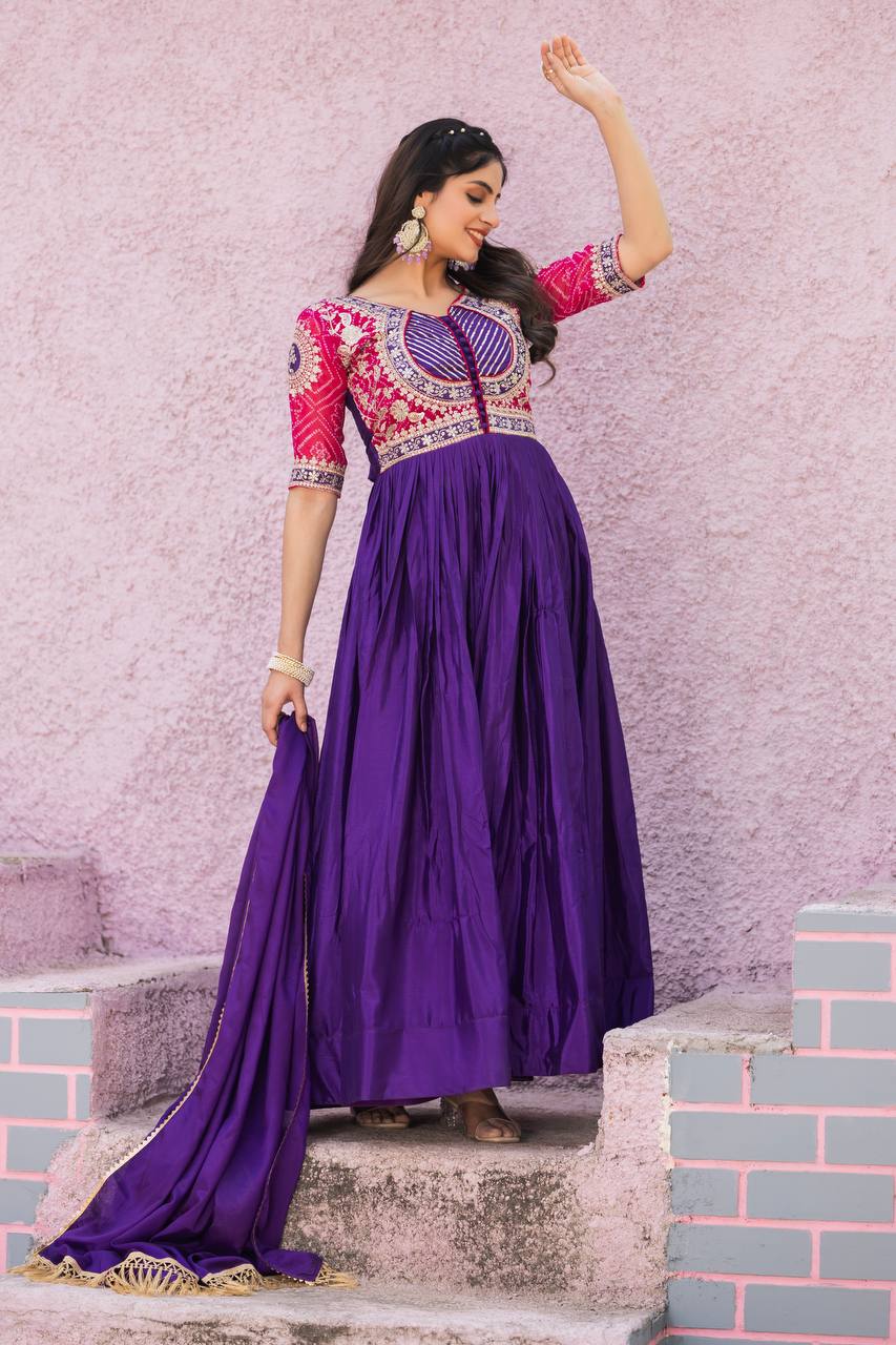 Purple color pure chinon long gown with dupatta online