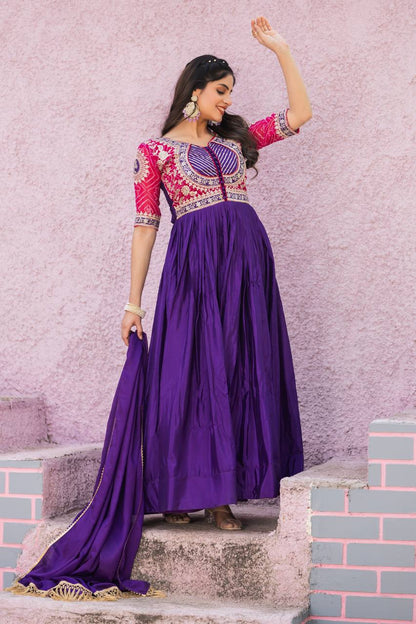 Purple color pure chinon long gown with dupatta online