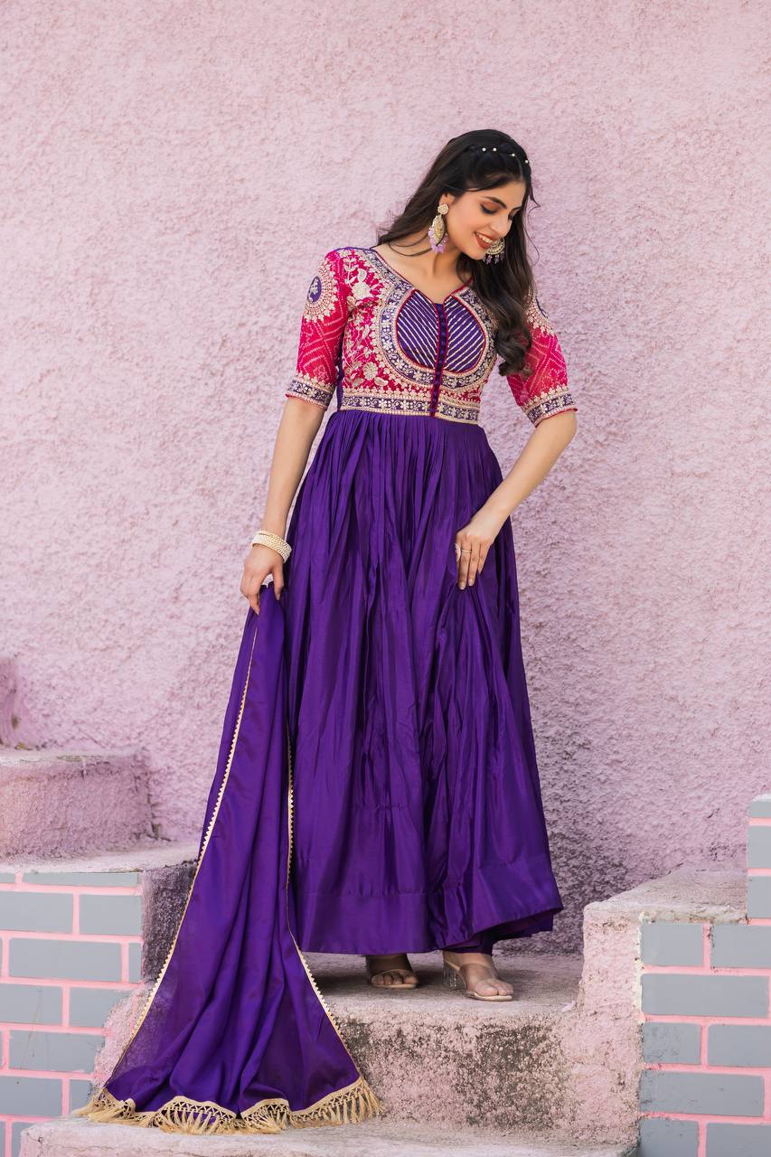 Purple color pure chinon long gown with dupatta 