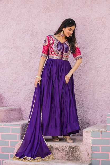 Purple color pure chinon long gown with dupatta 