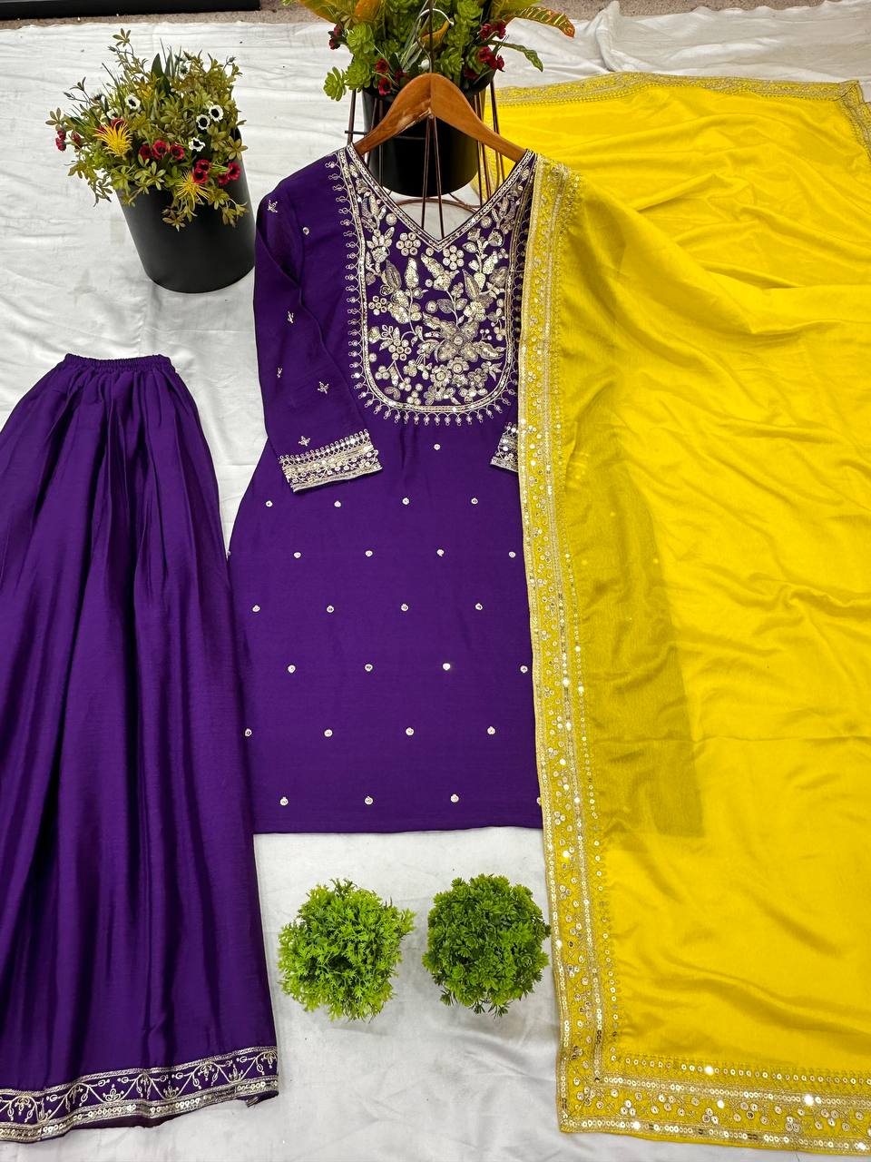 Purple color chinon silk sharara suit for women