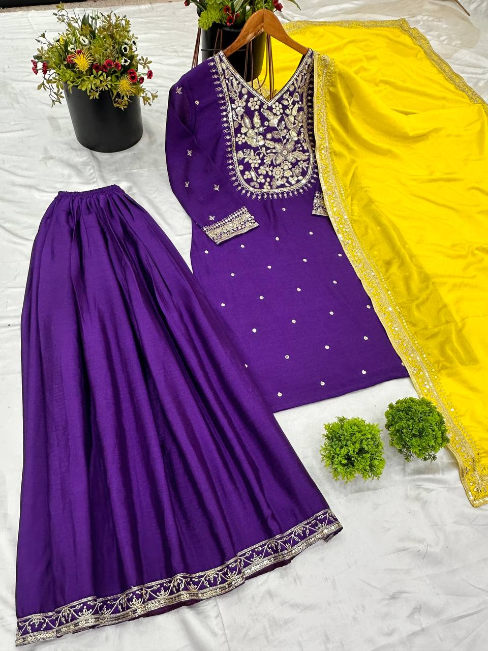Purple color chinon silk sharara suit with dupatta online