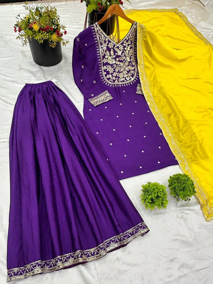Purple color chinon silk sharara suit with dupatta online
