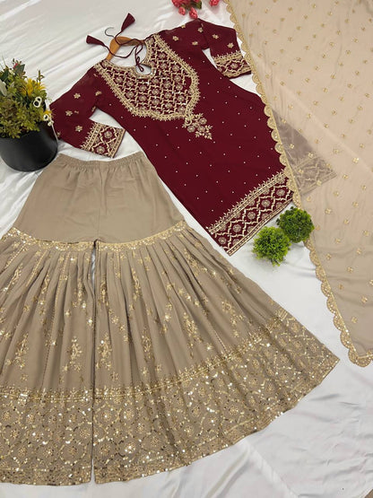 Maroon color georgette sharara suit with dupatta design 