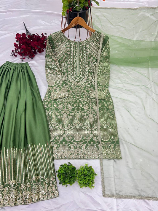 Green color chinon silk sharara suit with dupatta online shopping