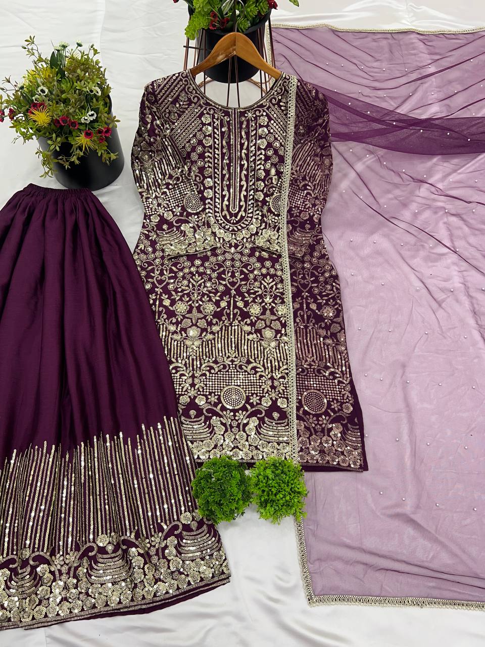 Wine color chinon silk sharara suit for women
