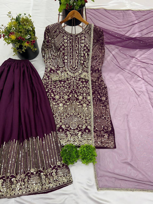 Wine color chinon silk sharara suit for women