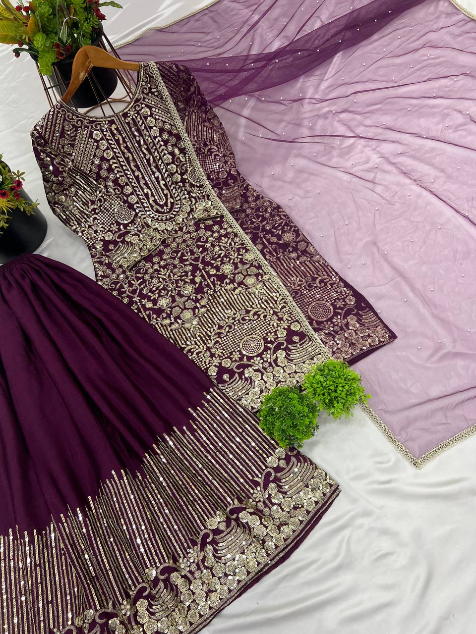 Wine color chinon silk sharara suit with dupatta