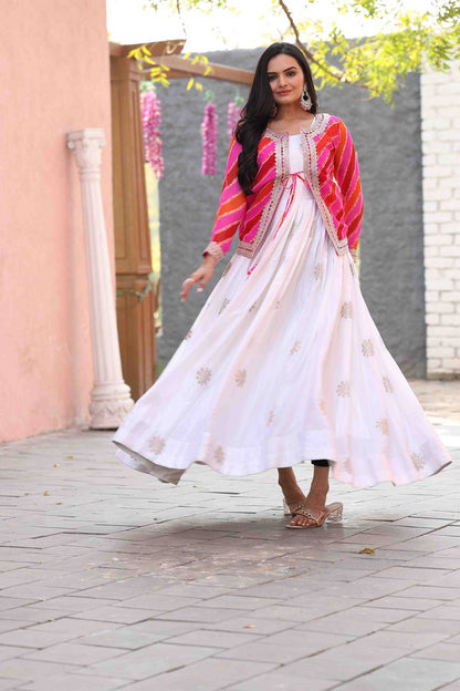 White color chinon long gown with koti images