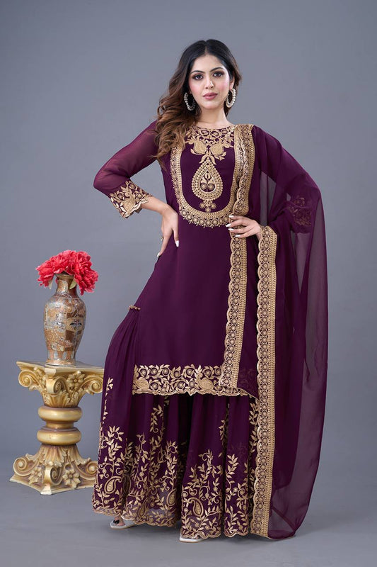 Wine color georgette sharara suit for women