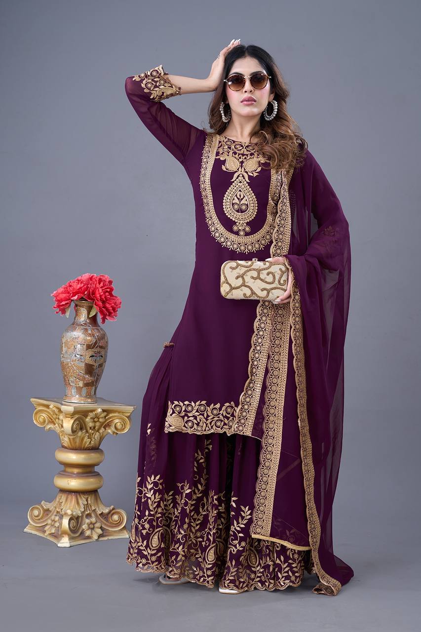 Wine color georgette sharara suit with dupatta online