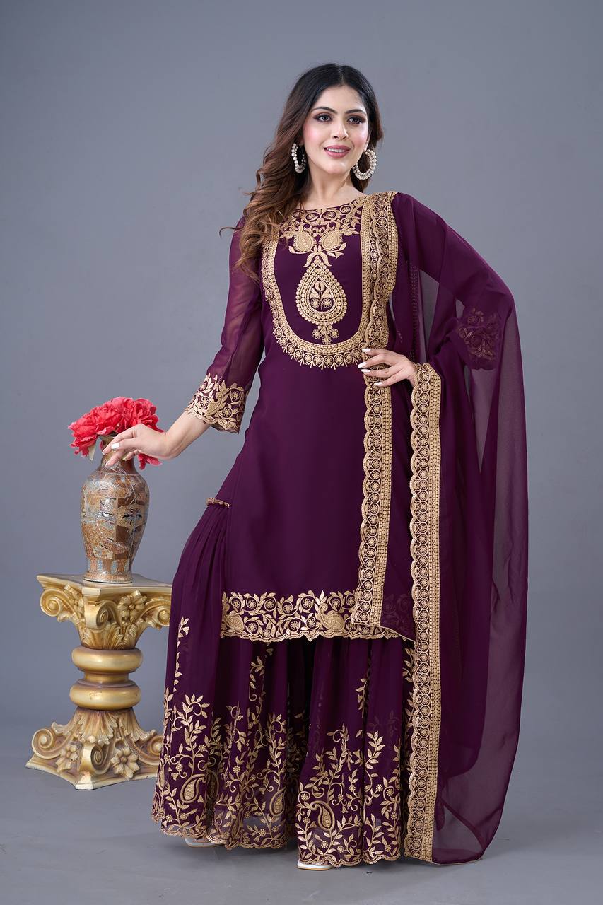 Wine color georgette sharara suit with dupatta design