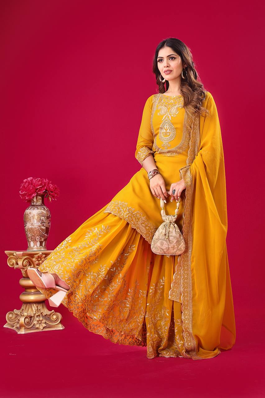 Yellow color georgette sharara suit for women