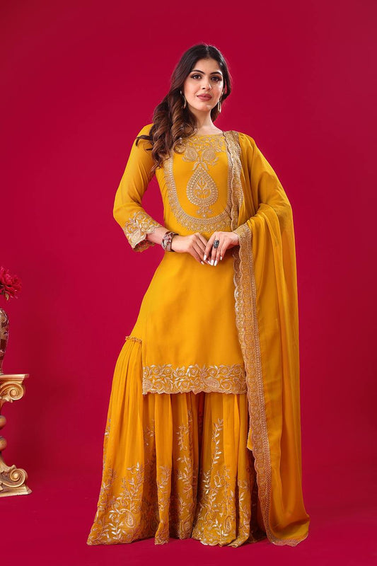 Yellow color georgette sharara suit for women