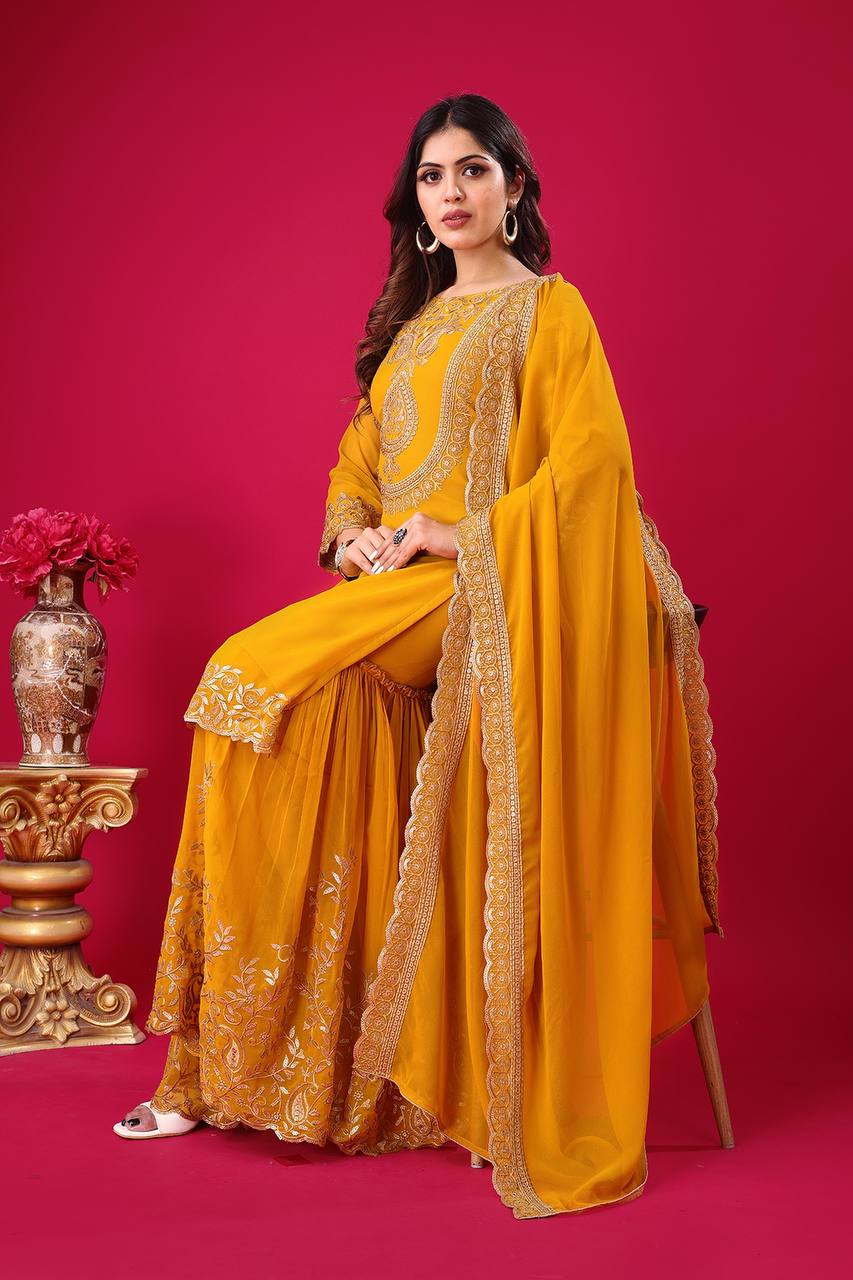Yellow color georgette sharara suit with dupatta design