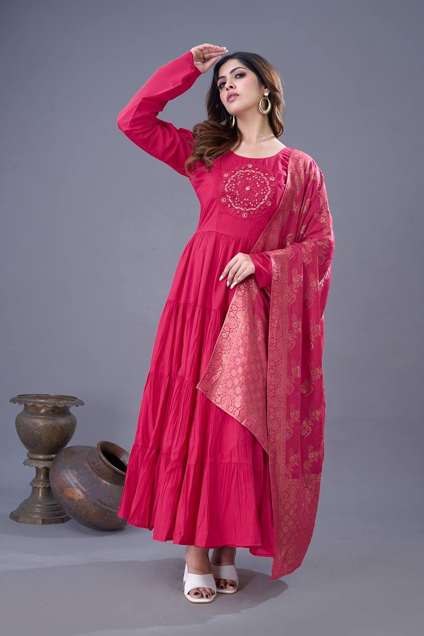 Long sleeve pink color roman silk long gown for women
