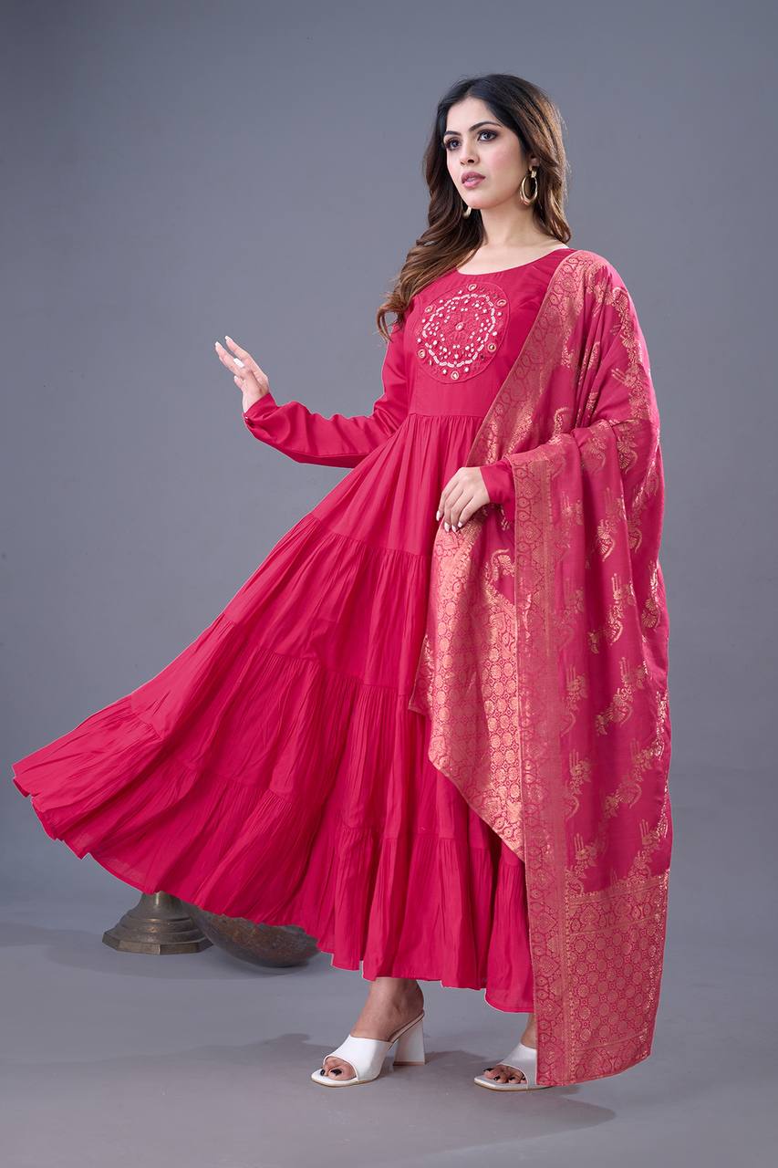 Pink color roman silk long gown with dupatta 
