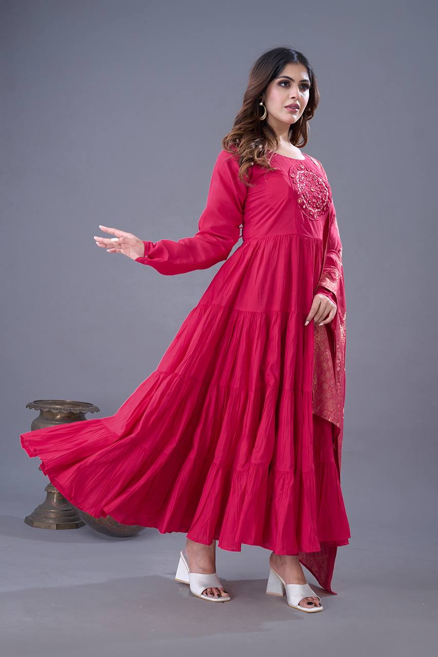 Pink color roman silk long gown with dupatta online
