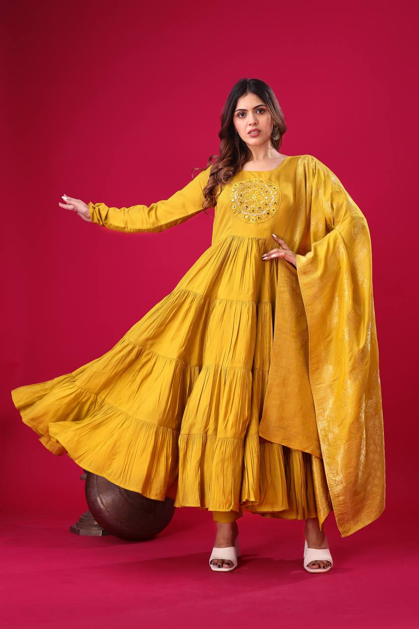 Yellow color roman silk salwar suit for women