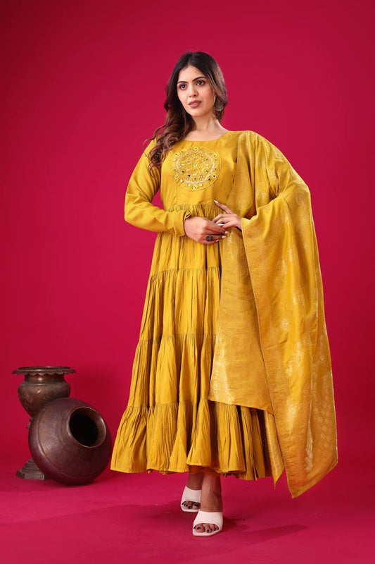 Yellow color roman silk salwar suit for women