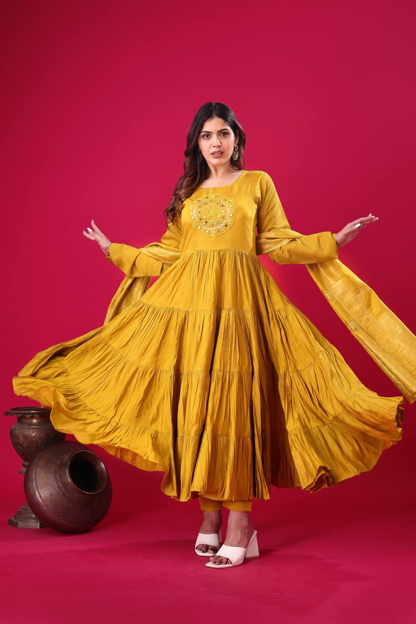 Yellow color roman silk salwar suit with dupatta price