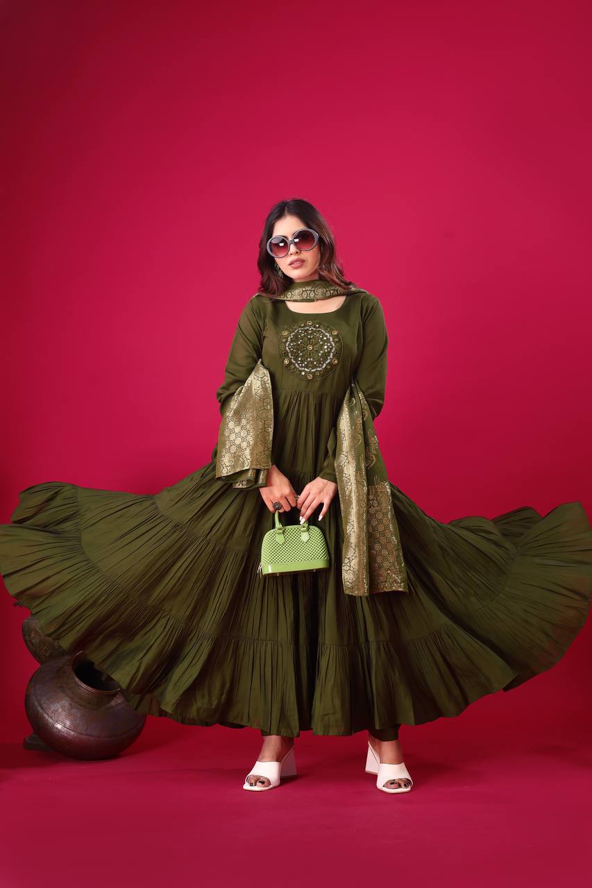 Green color roman silk salwar suit with online shopping
