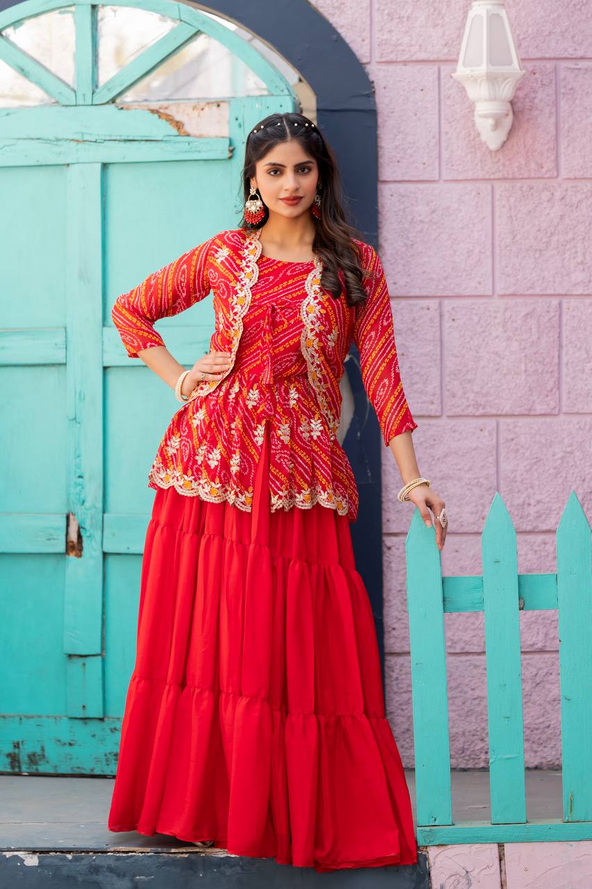 Red color pure bandhej lehenga choli with jacket