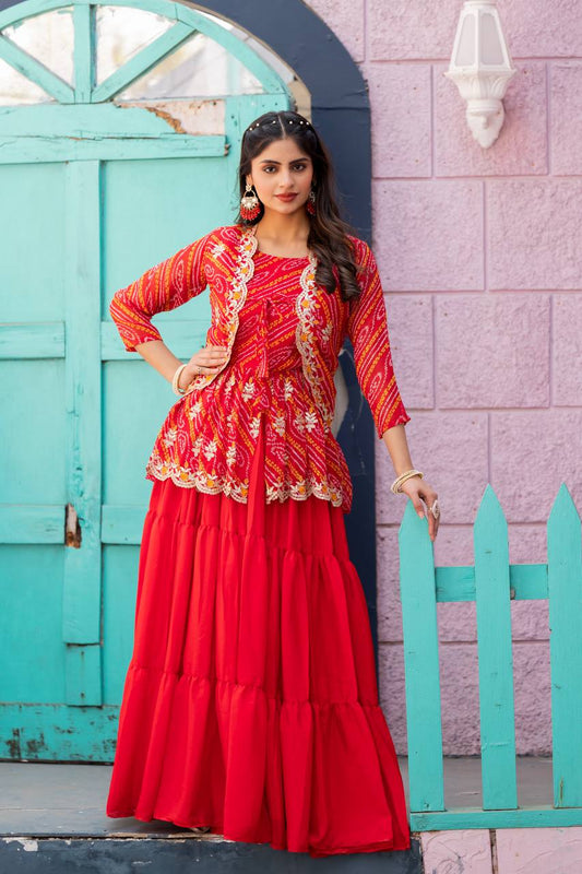 Red color pure bandhej lehenga choli with jacket