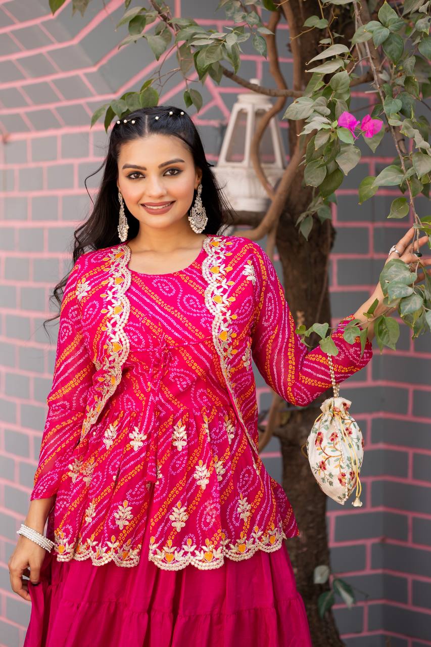 Pink color pure bandhej lehenga choli for wedding