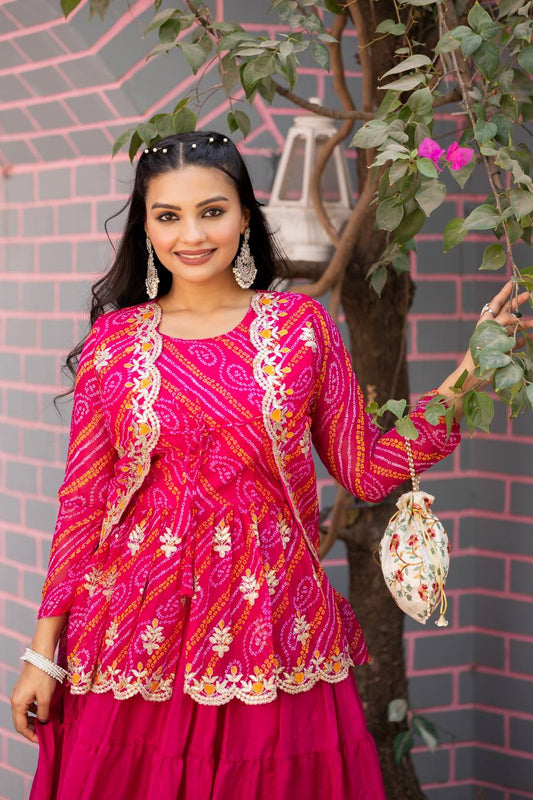 Pink color pure bandhej lehenga choli for wedding