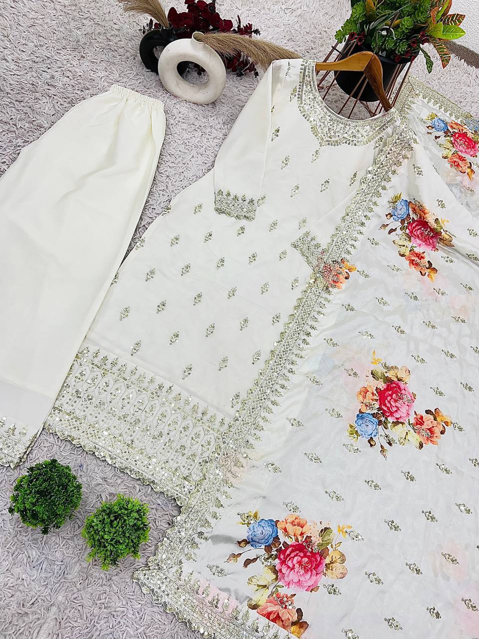 White color chinon silk plazzo suit with dupatta online
