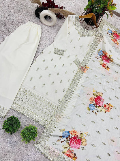 White color chinon silk plazzo suit with dupatta online