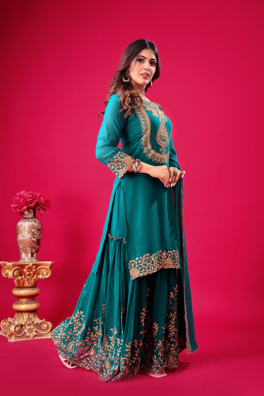 Rama color georgette sharara suit with dupatta images
