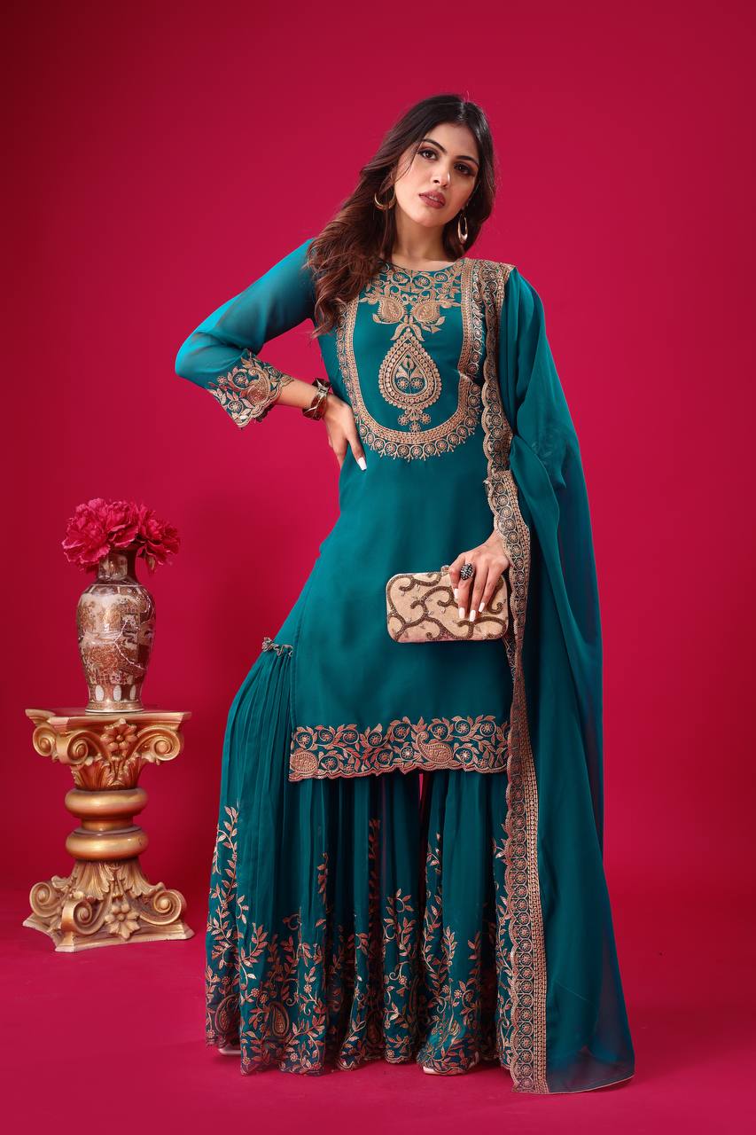 Rama color georgette sharara suit with dupatta 