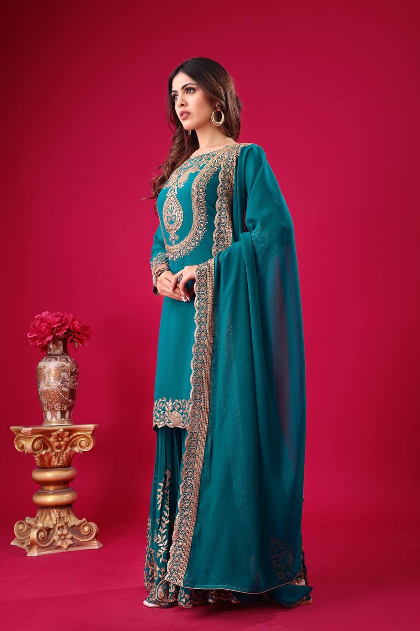 Rama color georgette sharara suit with dupatta price