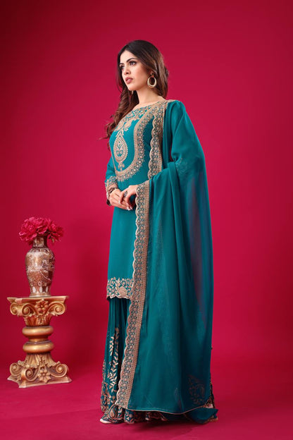 Rama color georgette sharara suit with dupatta price