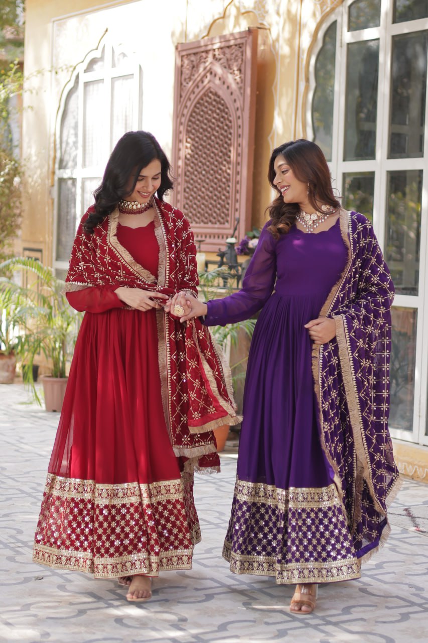 Maroon color faux blooming gown for women