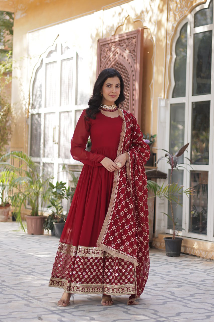 Maroon color faux blooming gown for wedding