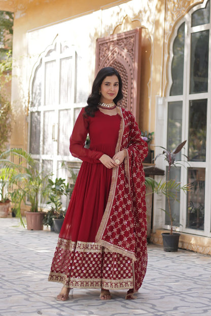 Maroon color faux blooming gown for wedding