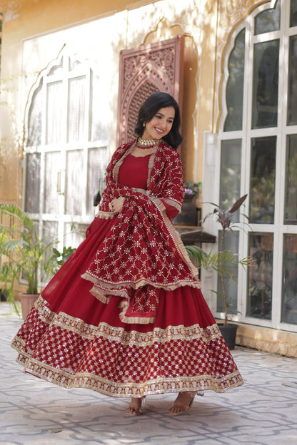 Maroon color faux blooming gown with dupatta online